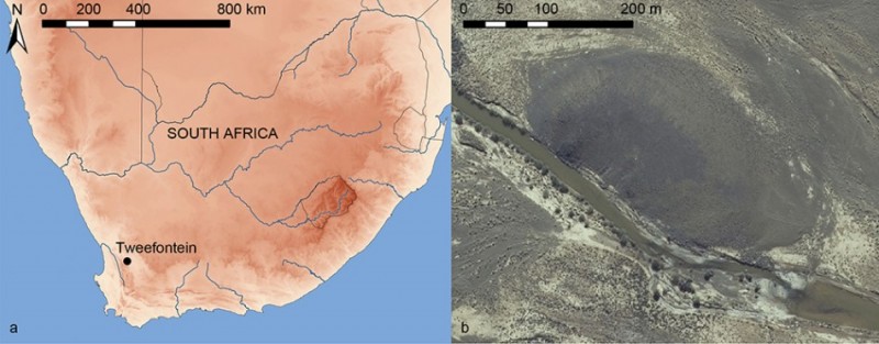 Figure 1. a) Map showing the location of Tweefontein; b) aerial view of the site (image from the National Geo-spatial Information (Department of Rural Development and Land Reform, South Africa).